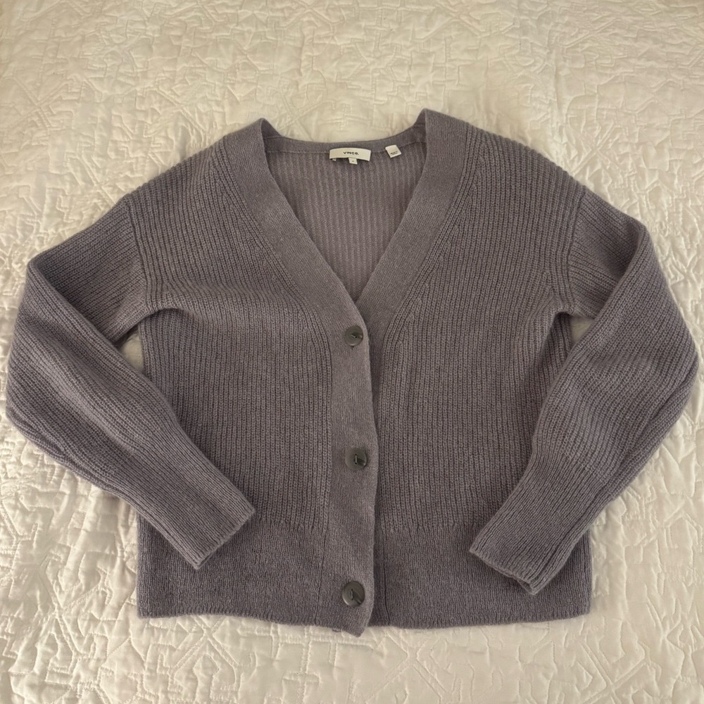 Vince mohair merino ribbed cardigan in gray lavender